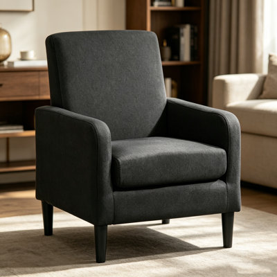 Fauteuil d'appoint en faux lin noir avec structure en bois massif, fauteuil moderne avec siège rembourré en éponge et à ressorts, canapé simple ergonomique pour le bureau de la chambre à coucher