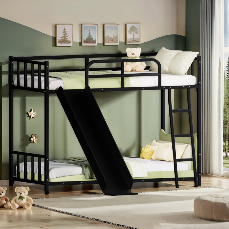 Black Bunk Bed With And Slide, Metal Frame Configuration, Space - Saving Design For Small Rooms, Guardrails Easy Assembly Assignment In Black, Slide Arrangement Scheme, 'S Bedrooms, Secure Sleep,