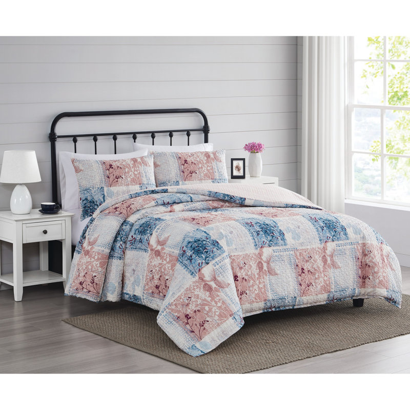King Size Blue and Pink Microfiber Patchwork Duvet Cover Set