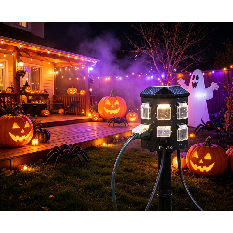 Multiprise extérieure étanche haute puissance avec 6 prises et plusieurs ports pour l'alimentation électrique de la décoration de jardin pendant les fêtes.