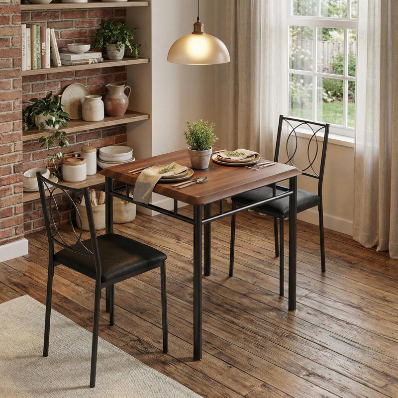 Dining Table Set for 2, Small Space Farmhouse Kitchen Furniture, Dark Brown Wood