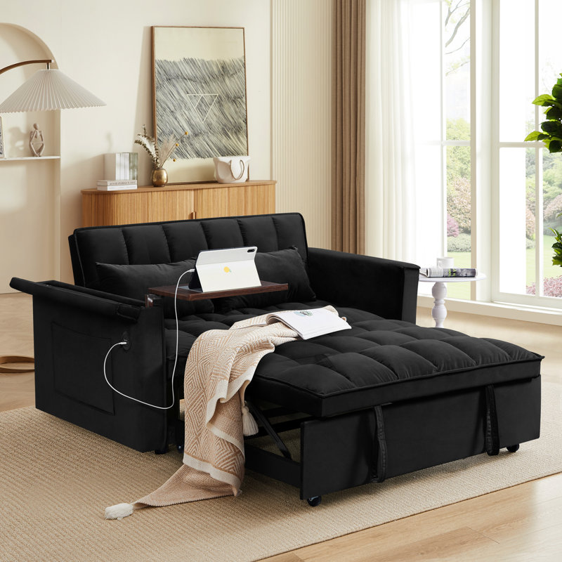 Lit de 55,5 po en velours double rembourré avec dossier réglable, table d'appoint et bureau contemporain convertible pour chambre à coucher, coussins décoratifs