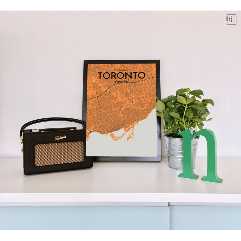 « toronto city map », impression sur affiche, reproduction d’art orange, H 17 po x l 11 po