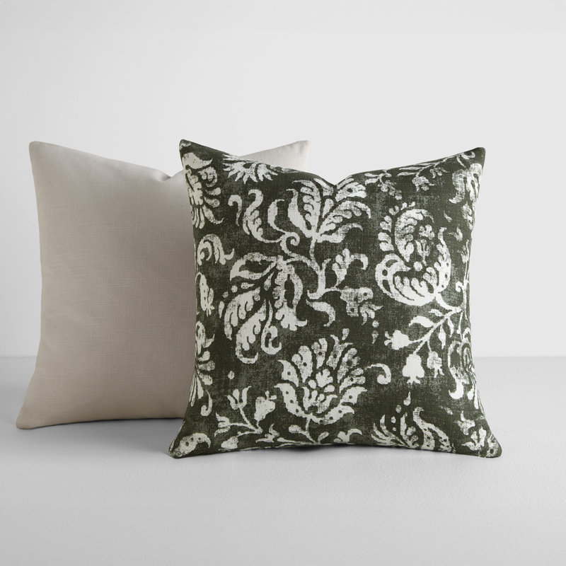 2-Pack Cotton Slub Decor Throw Pillows in Distressed Floral, Cream/ Green Distressed Floral