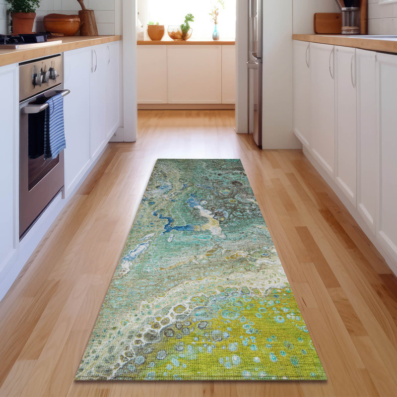 Tapis bleu sarcelle de qualité supérieure lavable à la machine Cerrito AMF588, Tapis de couloir 2 pi 3 po x 7 pi 6 po