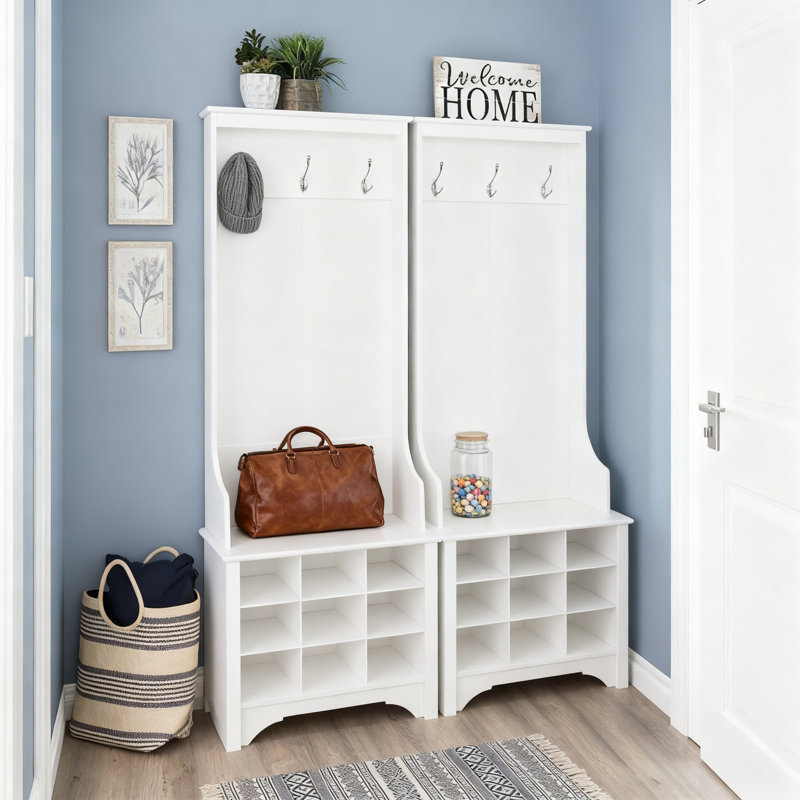 Arbre d'entrée autoportant avec rangement pour chaussures et crochets à manteaux | Organisateur de vestibule pour vestibule, couloir et salle de lavage | Banc à chaussures 9 compartiments avec 3 crochets doubles