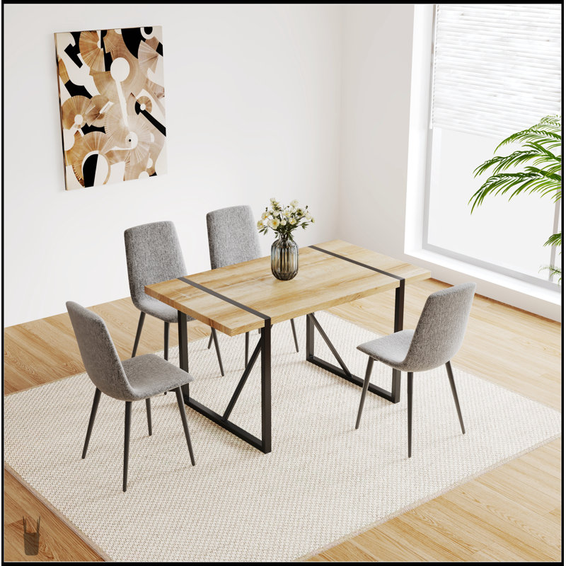55 Inch MDF Wood Dining Table And Modern Linen Chair Set Of 4, Mid Century Design With Metal Base & Legs, Natural, Grey