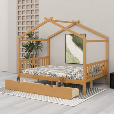 House-Shaped Daybed Canopy Bed With Drawers,Roof Design And Wood Slats Support