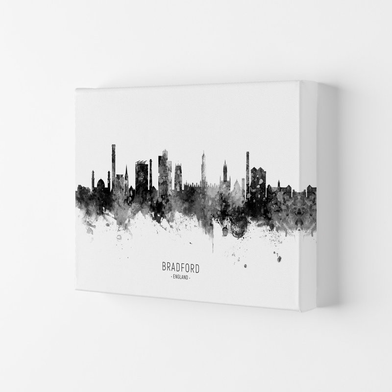 Bradford England Skyline Black White City Name by Michael Tompsett - Print, 21cm H x 29.7cm W x 4cm D, Wrapped Canvas