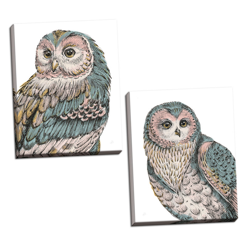 Ensemble d’impression 2 pièces « belle owls i & iv pastel », Toile tendue, H 14 po x l 11 po x P 0,75 po