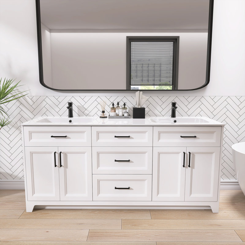 Ensemble de meuble-lavabo double 72 po avec lavabo à surface solide Qualik, Blanc