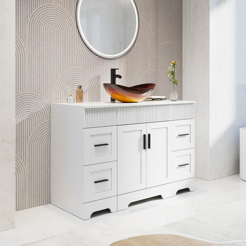 Meuble-lavabo simple 48 po avec lavabo vasque Akron, plateau en bois manufacturé, peinture résistante à l'eau, Blanc, Blanc