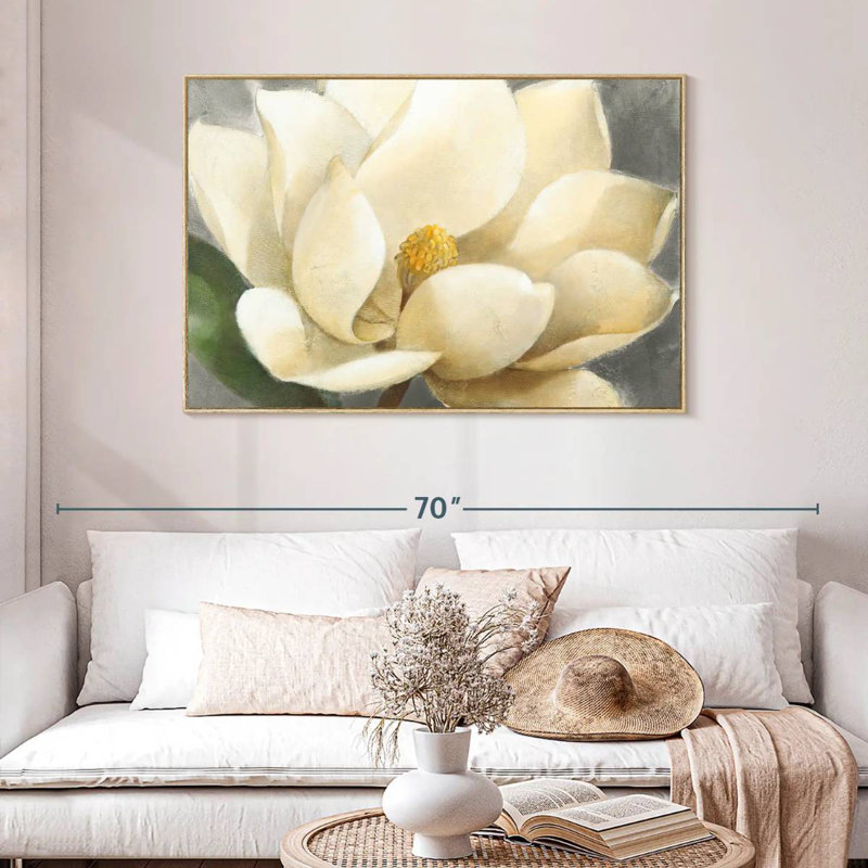 Fleur de magnolia sur fond gris, Cadre flottant en bois naturel, 46 po x 31 po