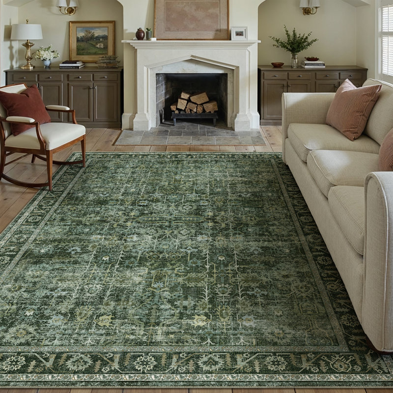 Ladonya Vintage Washable Green Area Rug with Non-Slip Backing, Rectangle 8' x 10'