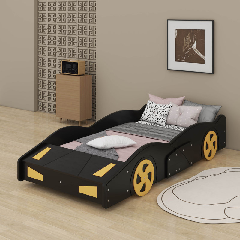 Lit plateforme en forme de voiture avec roues et rangement, Lit simple , Noir / Jaune