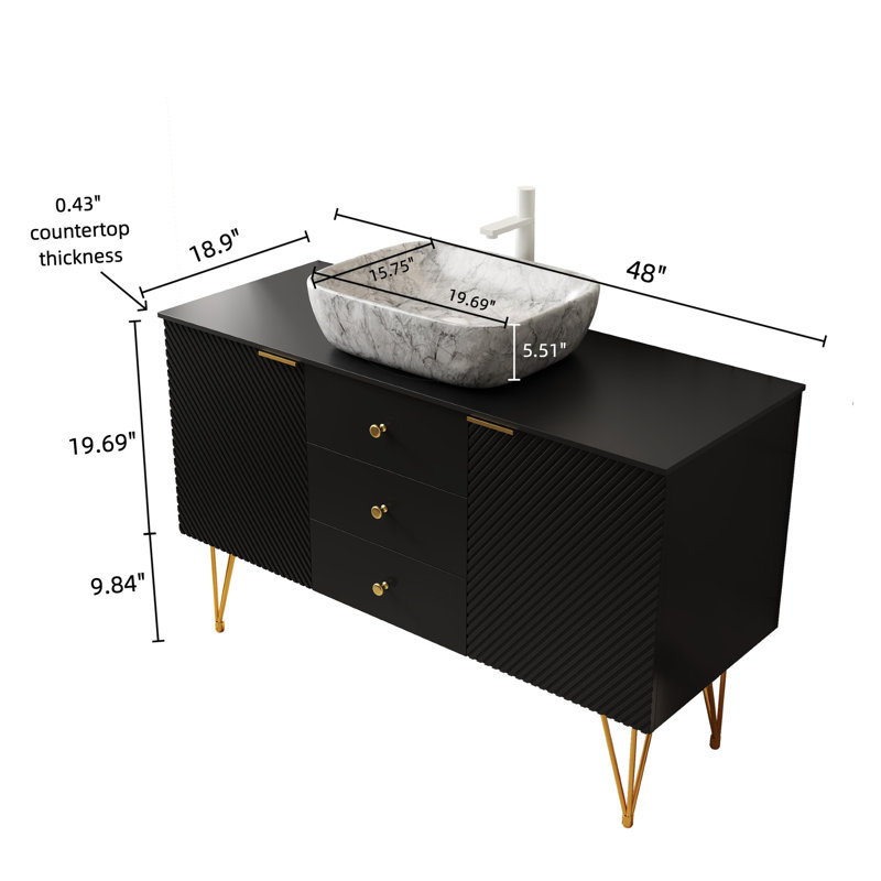 Armoire de salle de bain autoportante noire de 48 pouces avec lavabo, pieds de couleur dorée, 3 tiroirs de rangement, 2 portes ouvertes, comptoir en pierre frittée en céramique à motif de marbre blanc, pieds de meuble-lavabo élégants de 48 po