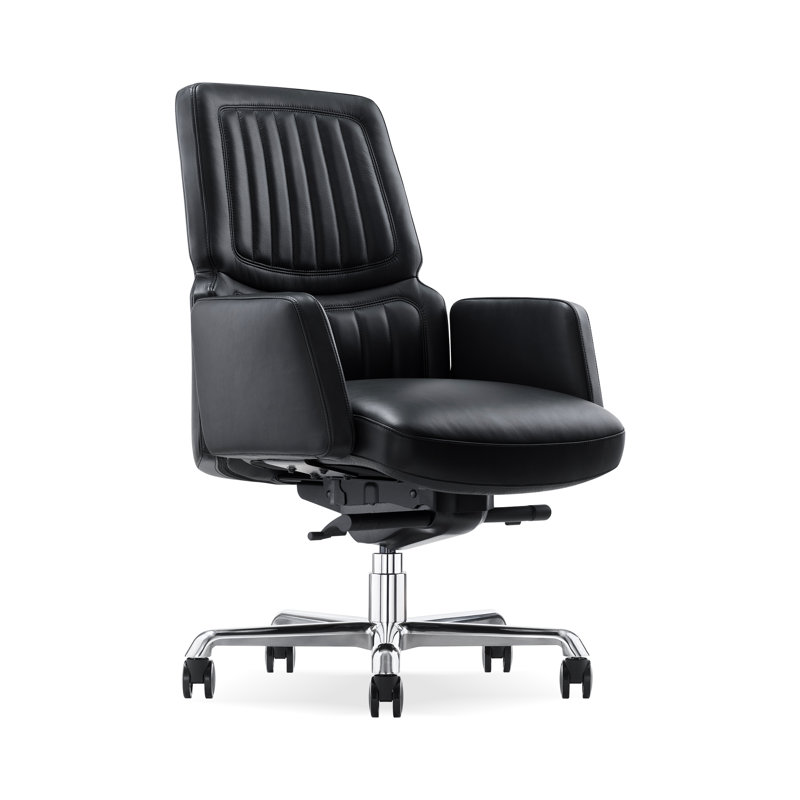 Executive Genuine Leather Office Chair with Wheels,Luxury Office Chair for Home and Executive Desk, Top Grain Leather Upholstery with Sturdy Aluminum Base,Comfy Armrest, Mid Back(Black)