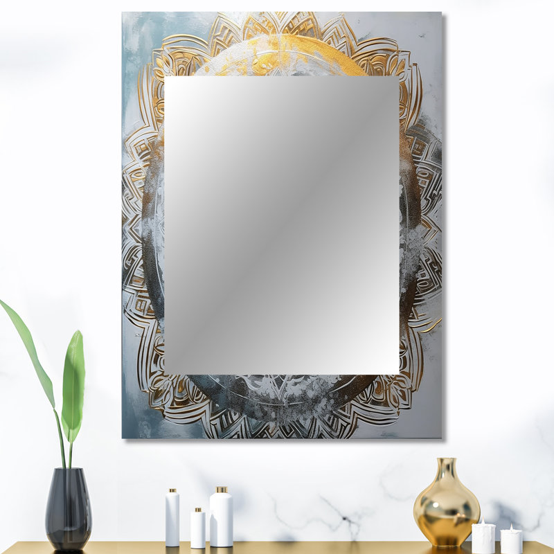 White And Gold Mandala VII - Geometric Decorative Mirror On Metal, 40" x 30"