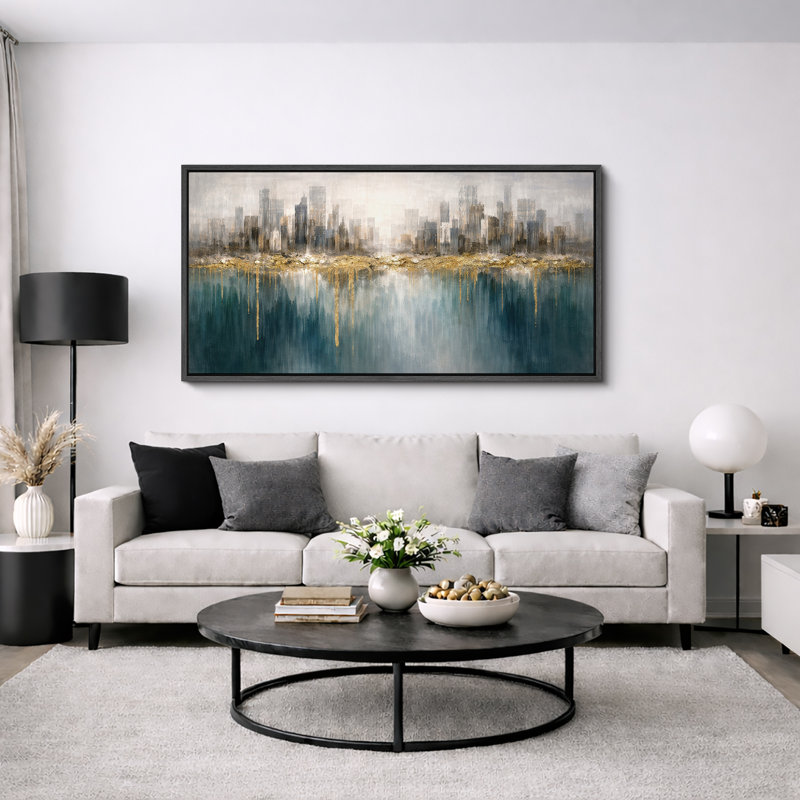 Œuvre d'art abstrait bleu doré abstrait, art contemporain, impression sur toile encadrée, H 30 po x l 60 po x P 1,5 po