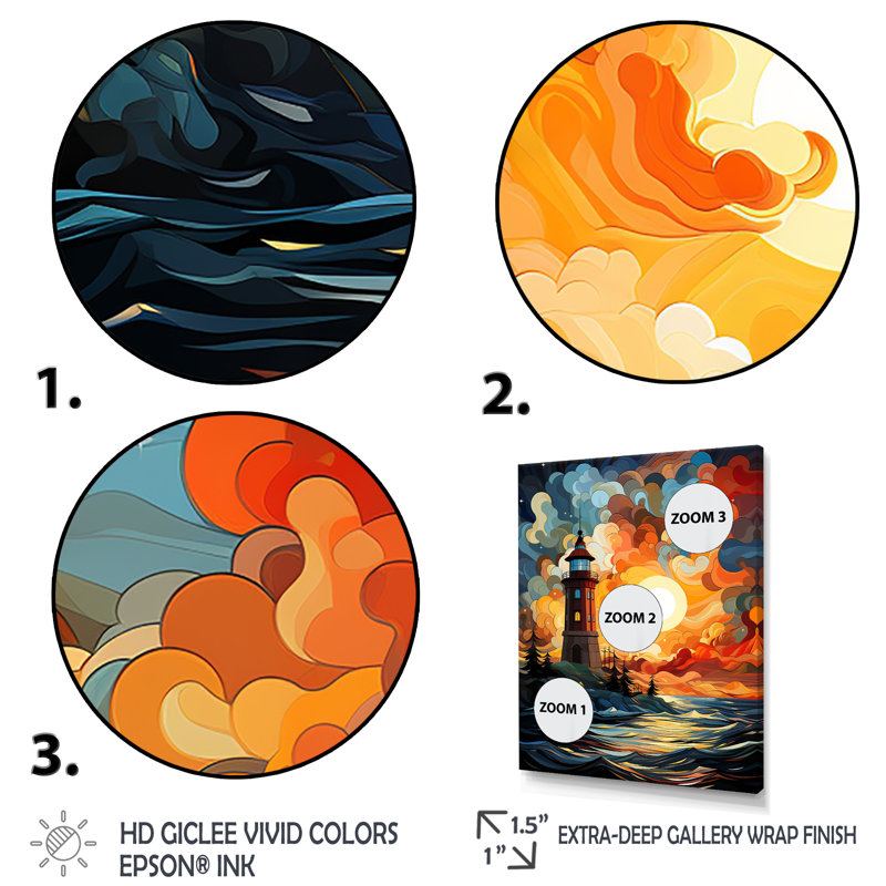 «Coastal Stormy Sunset Lighthouse Breeze II» - art mural phares, Cadre simple noir, H 20 po x l 12 po x P 1 po