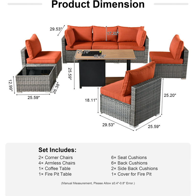 Chappotin Wicker 6 - Person Modular Patio Conversation Set with Cushions, Orange Red