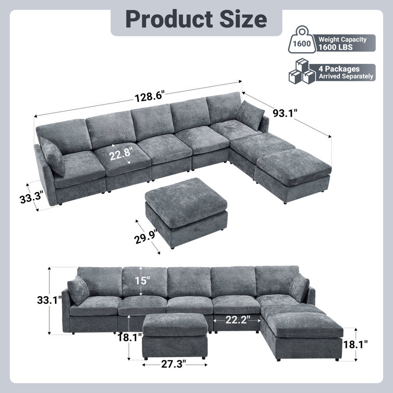 Sarang 128.61" Modern 8 Seats Upholstered Cloud Sectional Sofa With Ottomans, Gray Chenille