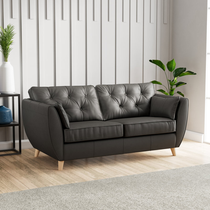 Marylin Leather 3 Seater Sofa, Raven, Light Wood