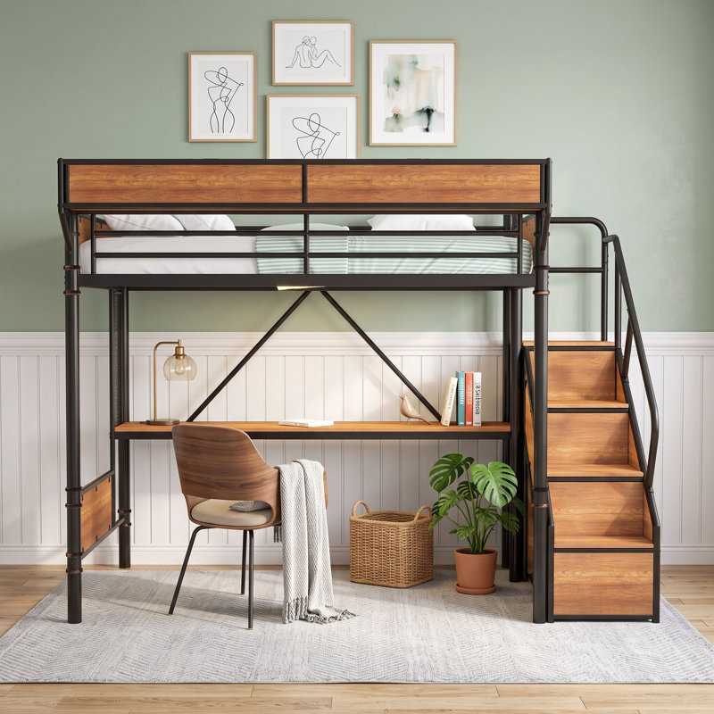 Lit mezzanine avec bureau intégré, prise de courant, éclairage DEL et garde-robe ouverte, Lit simple, Noir