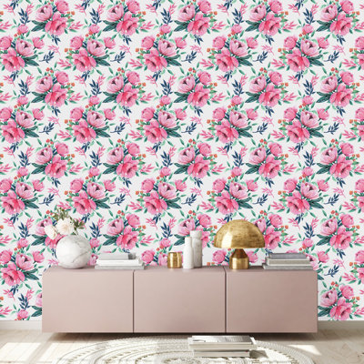 Papier peint blanc avec fleurs roses