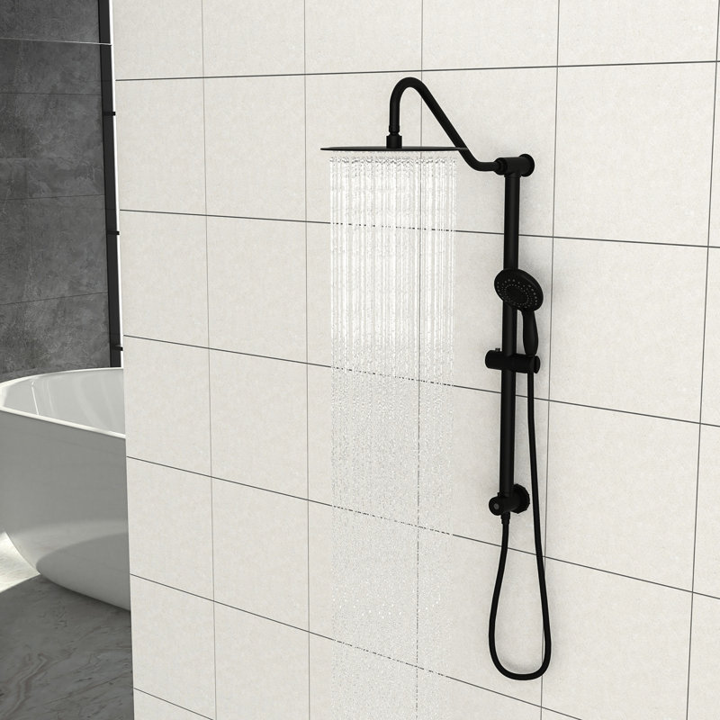 Système de douche 10 pouces noir mat. Barre coulissante de 26,3 po à 5 fonctions à main et à fixation murale. Installation facile. Réglages: pluie, massage, bulles. Livré avec la tête, la douchette et le boyau. Facile. Ensemble de garniture sans valve