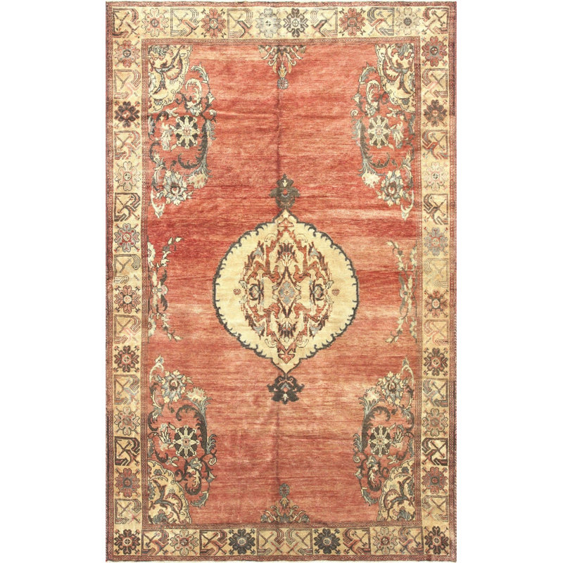 Tapis unique en laine noué à la main de style années 1960 de 6 pi 5 po x 10 pi 4 po en orange / jaune / gris