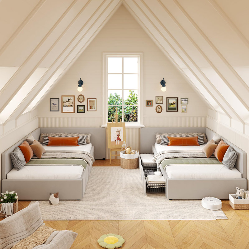 Lit de jour simple rembourré doux avec tiroirs de rangement - cadre de lit d'angle, tête de lit allongée, rails de lit, canapé-lit moderne, assemblage facile - parfait pour la chambre à coucher, salon - gris clair
