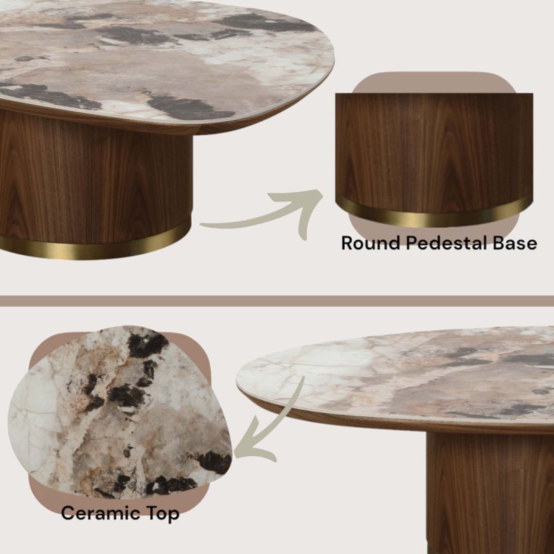 Willene 43" Oval Ceramic Top Coffee Table with Walnut Base