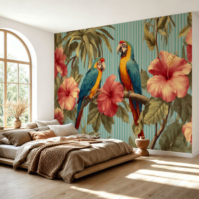 Wall Mural Peel and Stick Wallpaper Colorful Parrots Tropical Branches Hibiscus Flowers Palm Trees Self-Adhesive Removable Contact Paper Wall Decor for Living Room Bedroom 69"H x 96"W