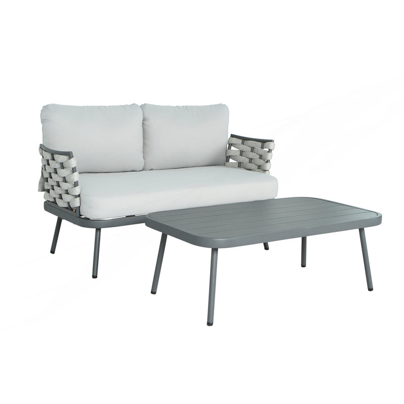Loveseat And Table Set With Hand-Woven Rope, Gray, Gray
