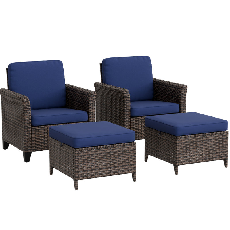 4-Piece Brown Wicker Patio Set with Blue Cushions and Ottomans