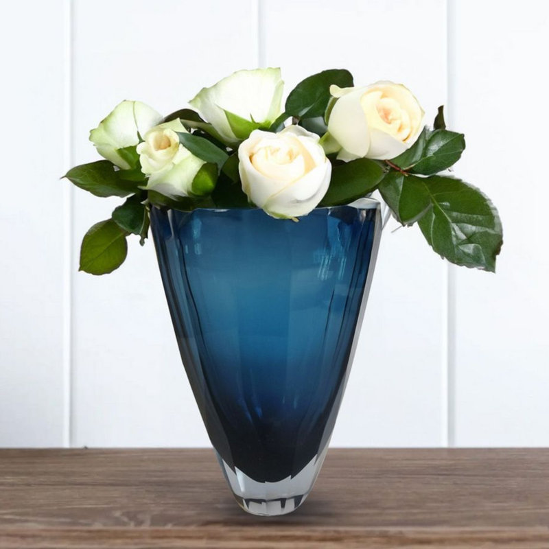 Minimalist Kaltman Glass Table Vase, 11" H x 5" W x 5" L, Blue