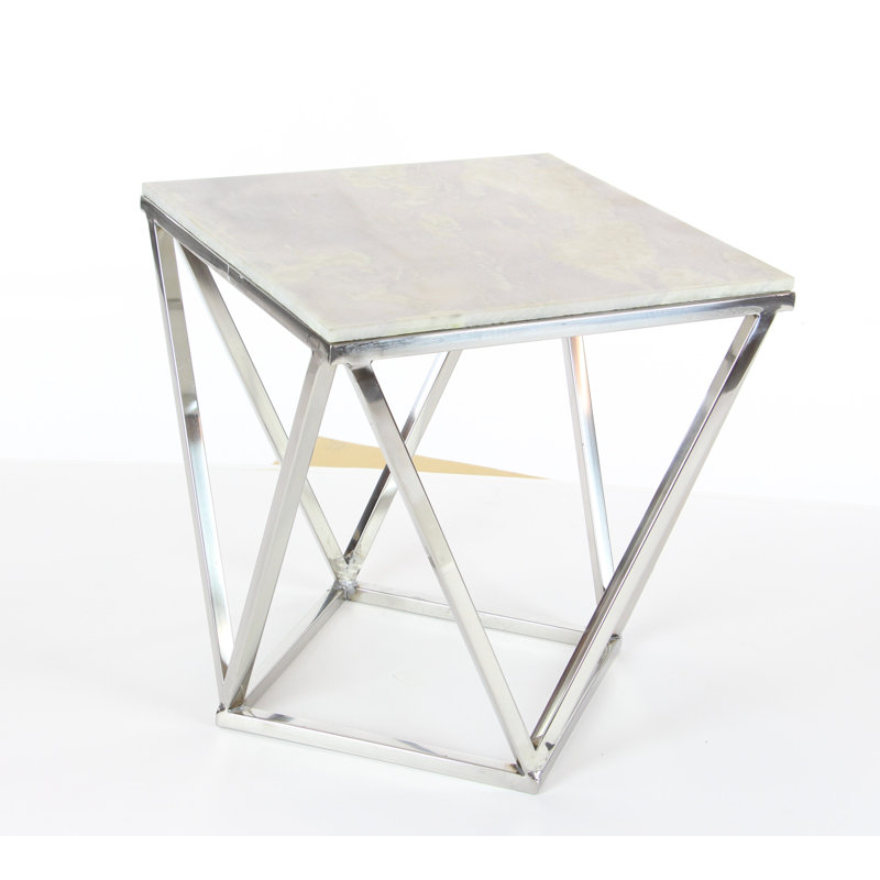 Burgett Stainless Steel Metal Side End Silver Accent Table with Marble Top