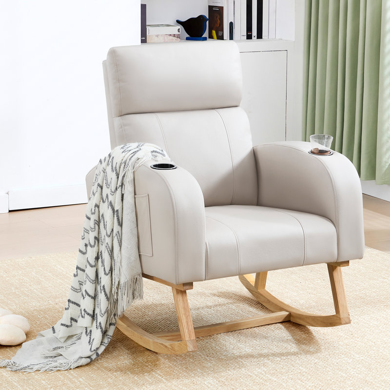 Chaise berçante rembourrée avec grandes poches et porte-gobelet, Beige