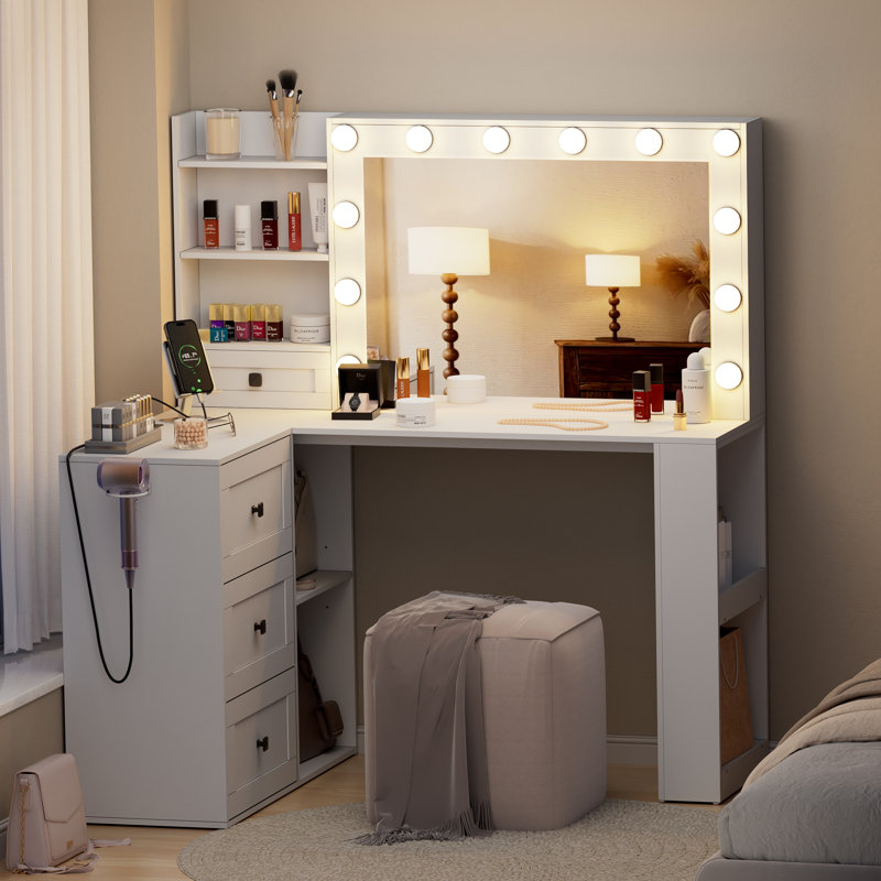 Coiffeuse Jeshaun avec miroir et lumières, table de maquillage avec éclairage 3 couleurs