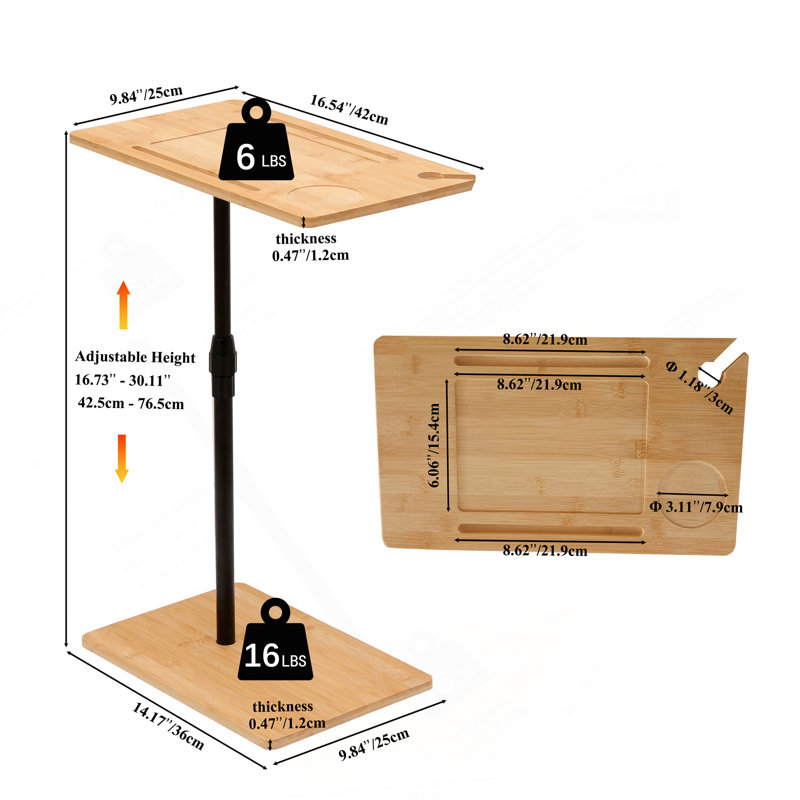 Table de bout en bambou à hauteur réglable en forme de C avec 2 fentes et table d'appoint pour le salon et la chambre à coucher (Rectangle + Rectangle)