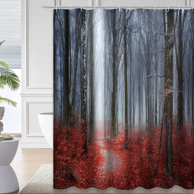 Autumn Forest Fog Red Leaves Black Landscape Shower Curtain with 12 Hooks