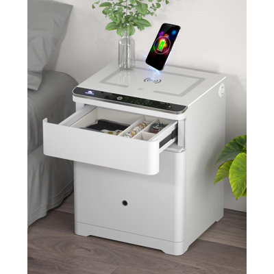 Coffre-fort à empreinte digitale biométrique 3-en-1 Tigerking avec chargement sans fil, port USB et Type-C pour bureau de chambre à coucher, blanc