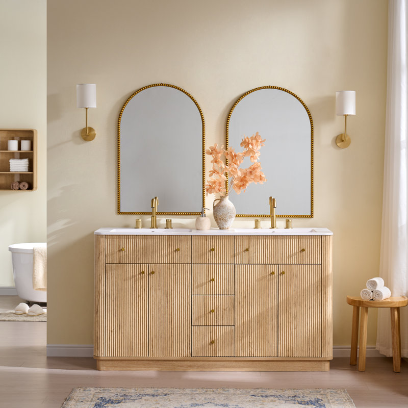 Meuble-lavabo double 60 po avec plateau en pierre reconstituée sans miroir 60 po, Chêne naturel