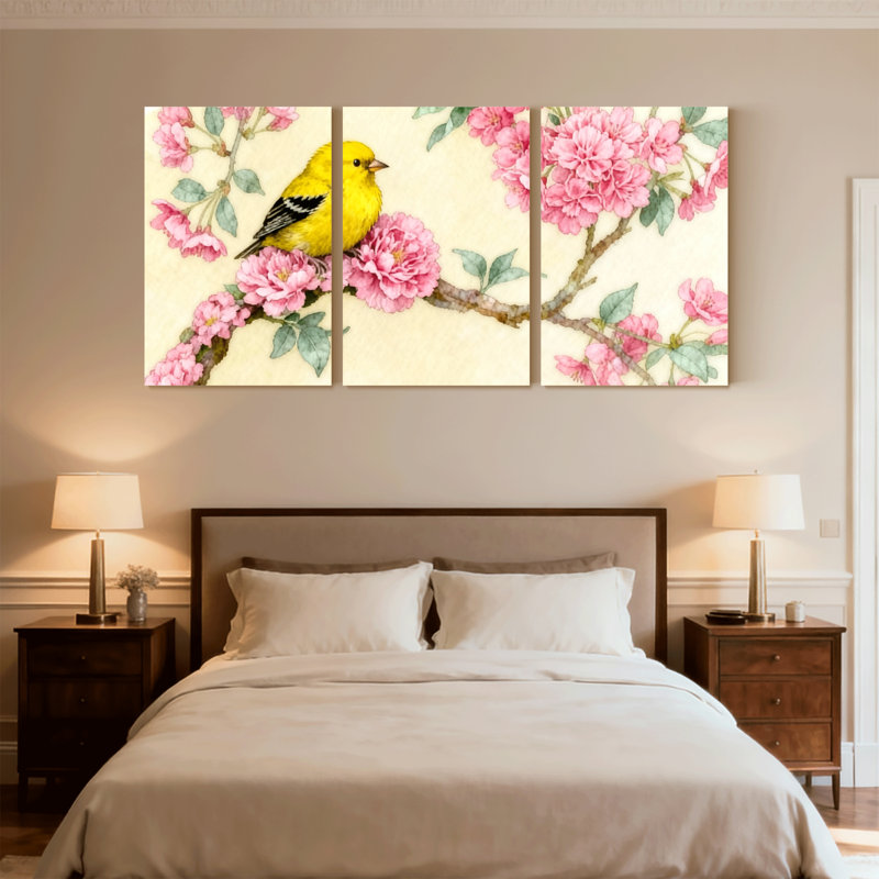 Oiseaux oiseaux jaunes sur une branche de fleur rose, ensemble de 3 impressions sur toile, H 24 po x l 48 po