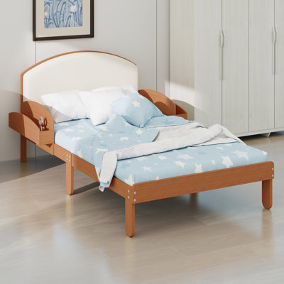 Bed frame with side storage shelves and curved padded headboard for contemporary bedrooms