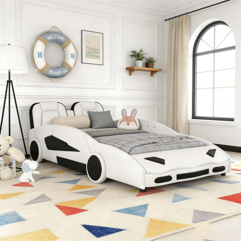 Lit plateforme simple en forme de voiture de course avec roues, Blanc