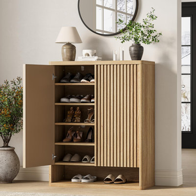 31.5Inch Shoe Cabinet, Large Shoe Storage Cabinet with Adjustable Shelves, Wooden Shoe Organizer with Fluted Door Holds 25–30 Pairs for Entryway