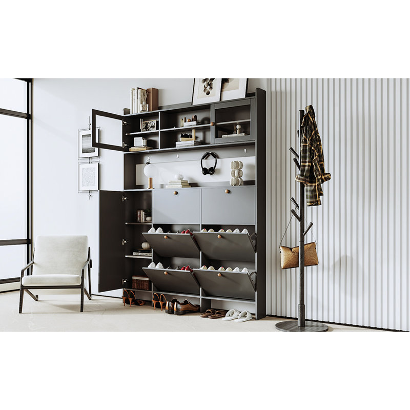 Multifunctional Tipping Bucket Shoe Cabinet with Storage Shelf 6 Flip Drawers, Large Hall Tree with Tempered Glass Doors, Foyer Cabinet with 4 Hooks for Hallway