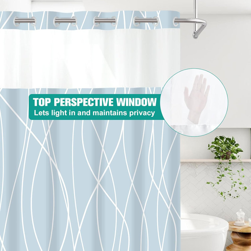 No Hook Light Blue Striped Shower Curtain With Snap In Fabric Liner Set - Hotel Shower Curtain And Liner Set With See Through Mesh Top Window,Machine Washable, 71X74 INCH